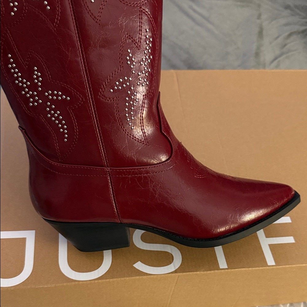 JustFab Burgundy Heeled Boots with Embellishments - Picture 6 of 11